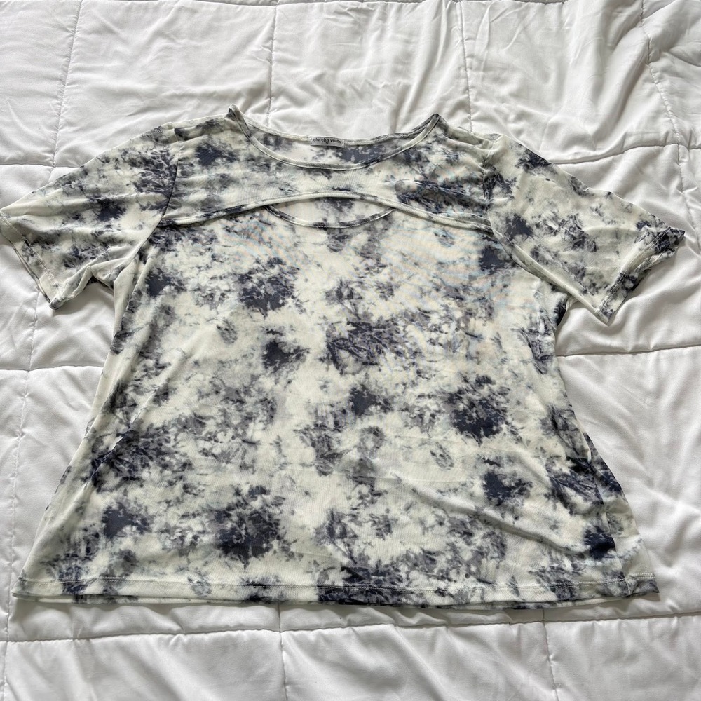 Cha Cha Vente Tie Dye Mesh Top Short Sleeve Cutout Blue White Plus Size 1X